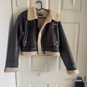 Zara Brown Faux-Leather Aviator Jacket with Cream Shearling